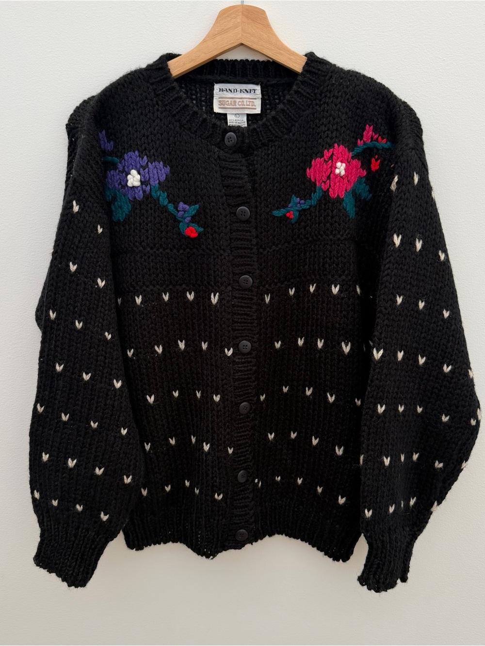 Vintage Hand-Knit Black Floral Button-Up Cardigan